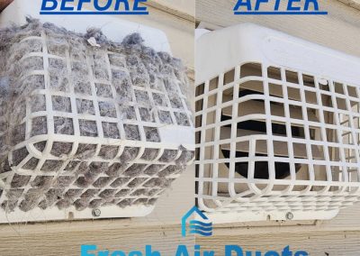Side-by-side of a vent cover, clogged with lint on the left and clean on the right, featuring the "Fresh Air Ducts" logo—showing the difference that professional Air Ducts Cleaning makes.