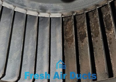 Close-up of dirty air duct blades, with some clean and others covered in dust; "Fresh Air Ducts" text overlay highlights the importance of regular Dryer Vent Cleaning for a healthier home.