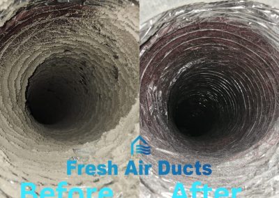 Side-by-side of a dirty air duct labeled "before" and a clean air duct labeled "after," showcasing the results of professional Air Ducts Cleaning in MD.