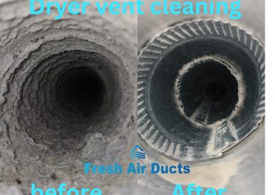 Side-by-side of dirty and clean dryer vents labeled "before" and "after," featuring the Fresh Air Ducts logo, proudly serving Owings Mills, MD.