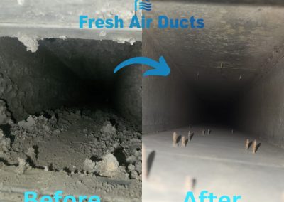 Split image of air duct: left side dirty (Before), right side clean (After), featuring "Fresh Air Ducts"—your experts in air duct, Chimney Cleaning, and Dryer Vent Cleaning for a healthier home.