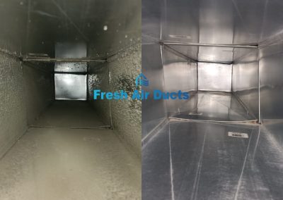 Side-by-side view of a dirty air duct on the left and a clean air duct on the right, showcasing the dramatic difference Air Ducts Cleaning MD or Dryer Vent Cleaning can make in your home’s air quality.