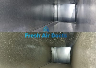 Top: clean air duct; bottom: dusty air duct. Text reads "Fresh Air Ducts" with a house icon above. Serving Owings Mills, MD—ask about our Chimney Cleaning services!.