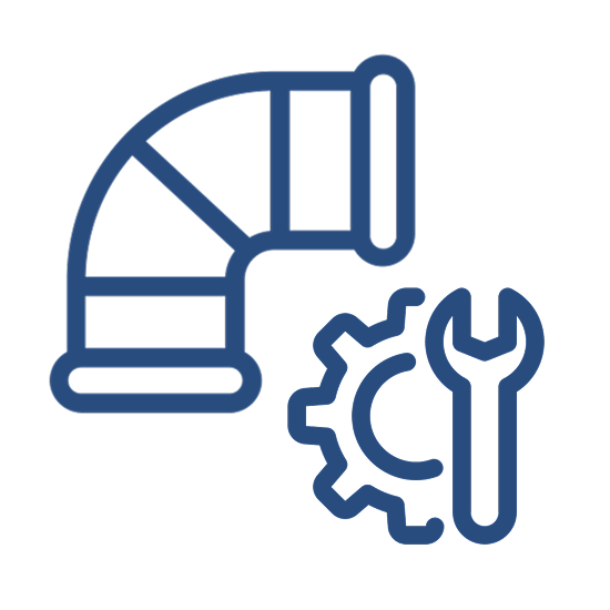 Blue outline of a pipe, gear, and wrench symbolizing plumbing or mechanical maintenance.