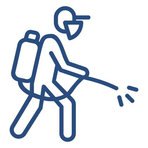 Blue outline of a person wearing a mask and spraying liquid from a backpack sprayer.