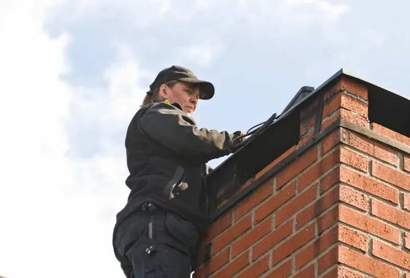 A person in work clothes inspects or cleans the top of a brick chimney against a cloudy sky.