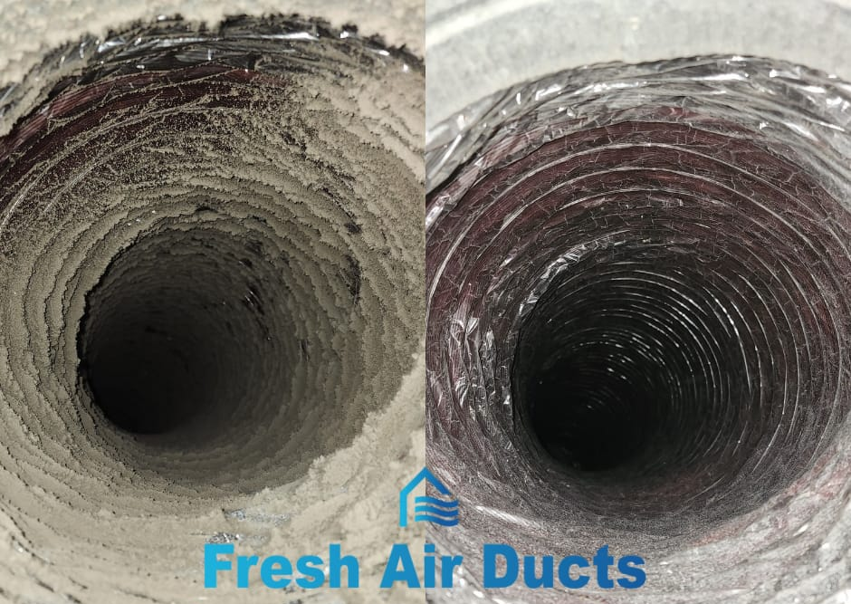 Side-by-side of a dirty air duct and a clean air duct, with "Fresh Air Ducts" text at the bottom.