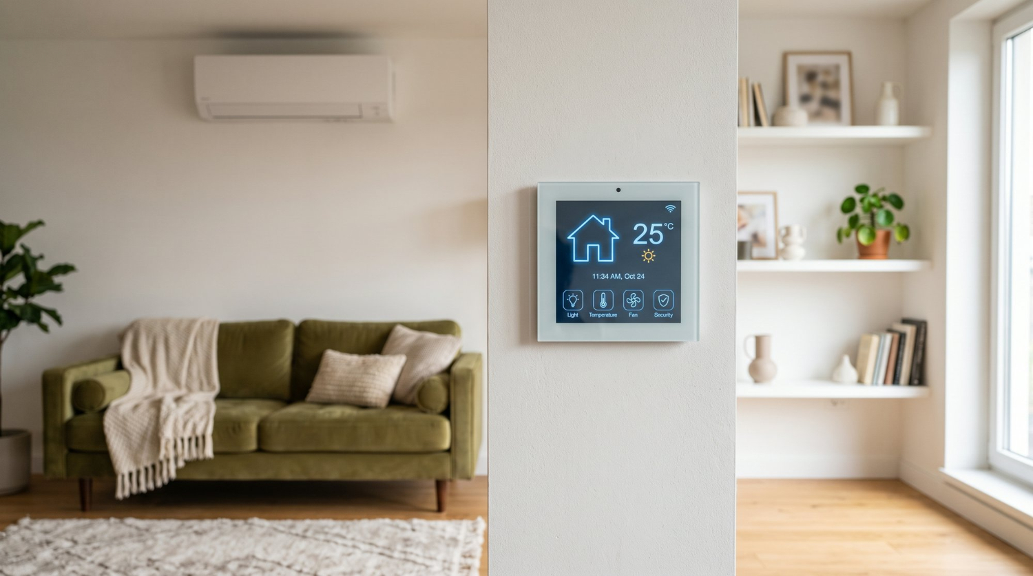 Smart thermostat on a white wall in a modern living room with green sofa, shelves, and indoor plants.